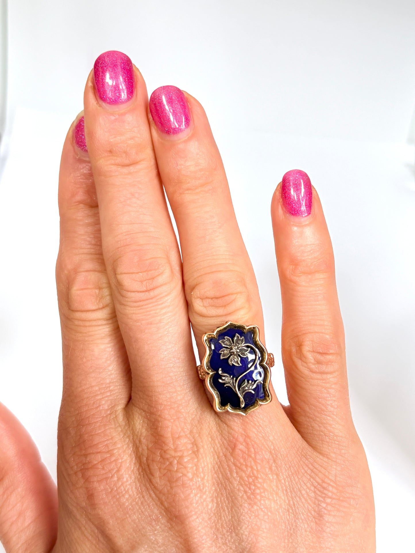 Antique Early Victorian, 14ct Gold and Bristol Blue Glass Flower Ring with locket