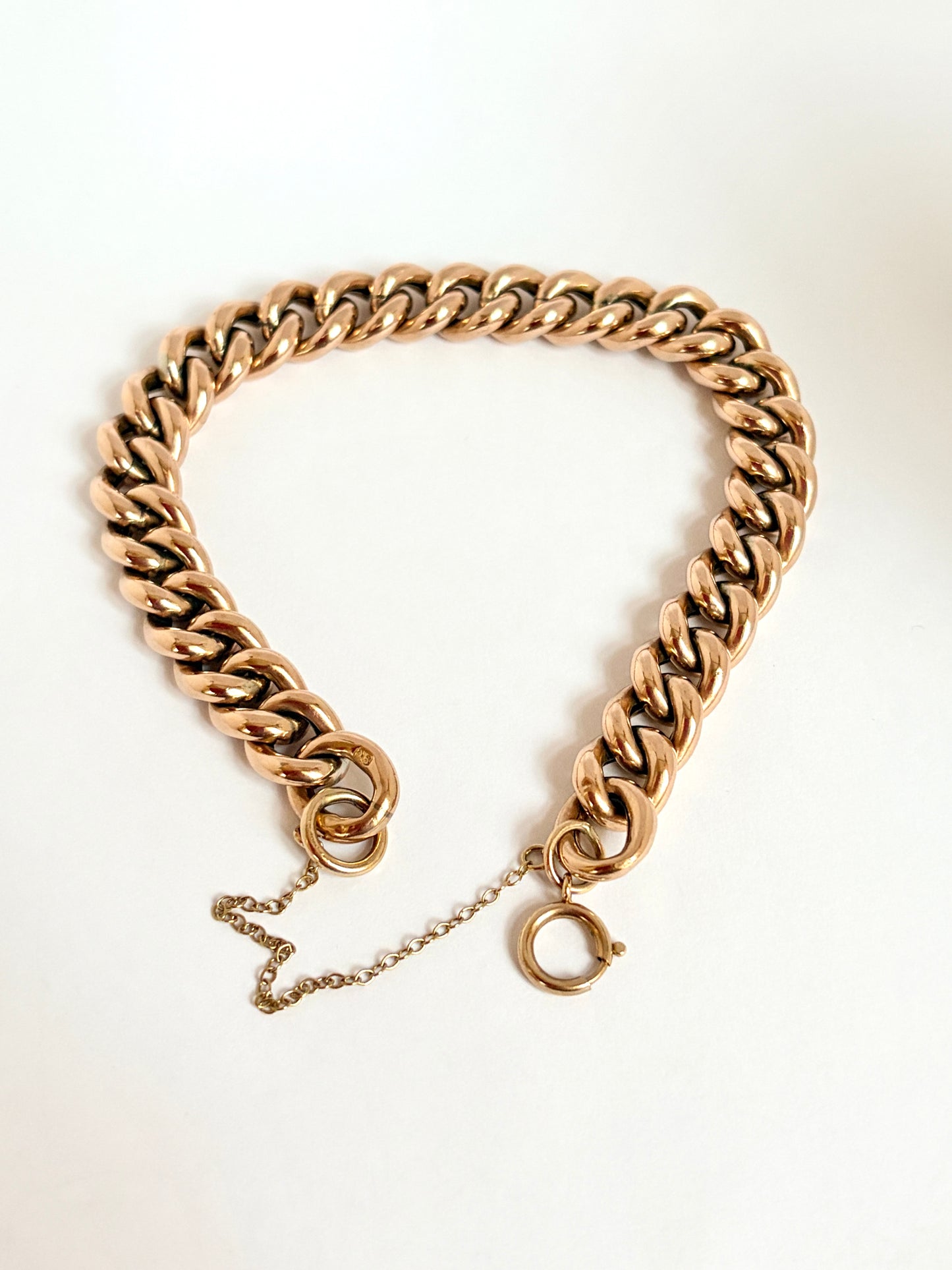 Antique 9ct Rosy Gold Curb Bracelet and safety chain (8 inches)