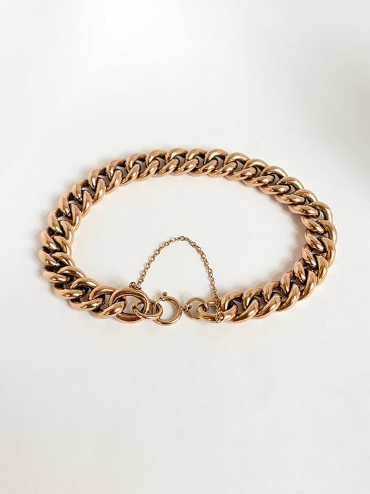 Antique 9ct Rosy Gold Curb Bracelet and safety chain (8 inches)