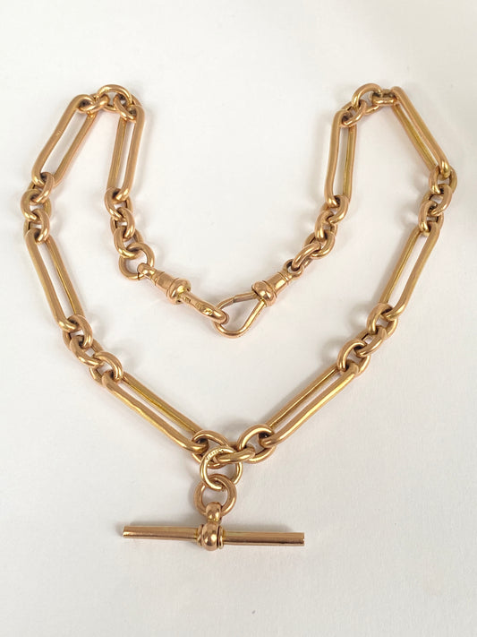 15 inch, 9ct Gold Antique Trombone/Fetter Link Chain with T bar and Dog Clips
