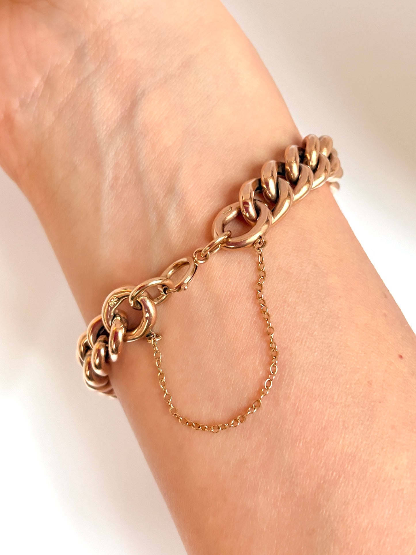 Antique 9ct Rosy Gold Curb Bracelet and safety chain (8 inches)