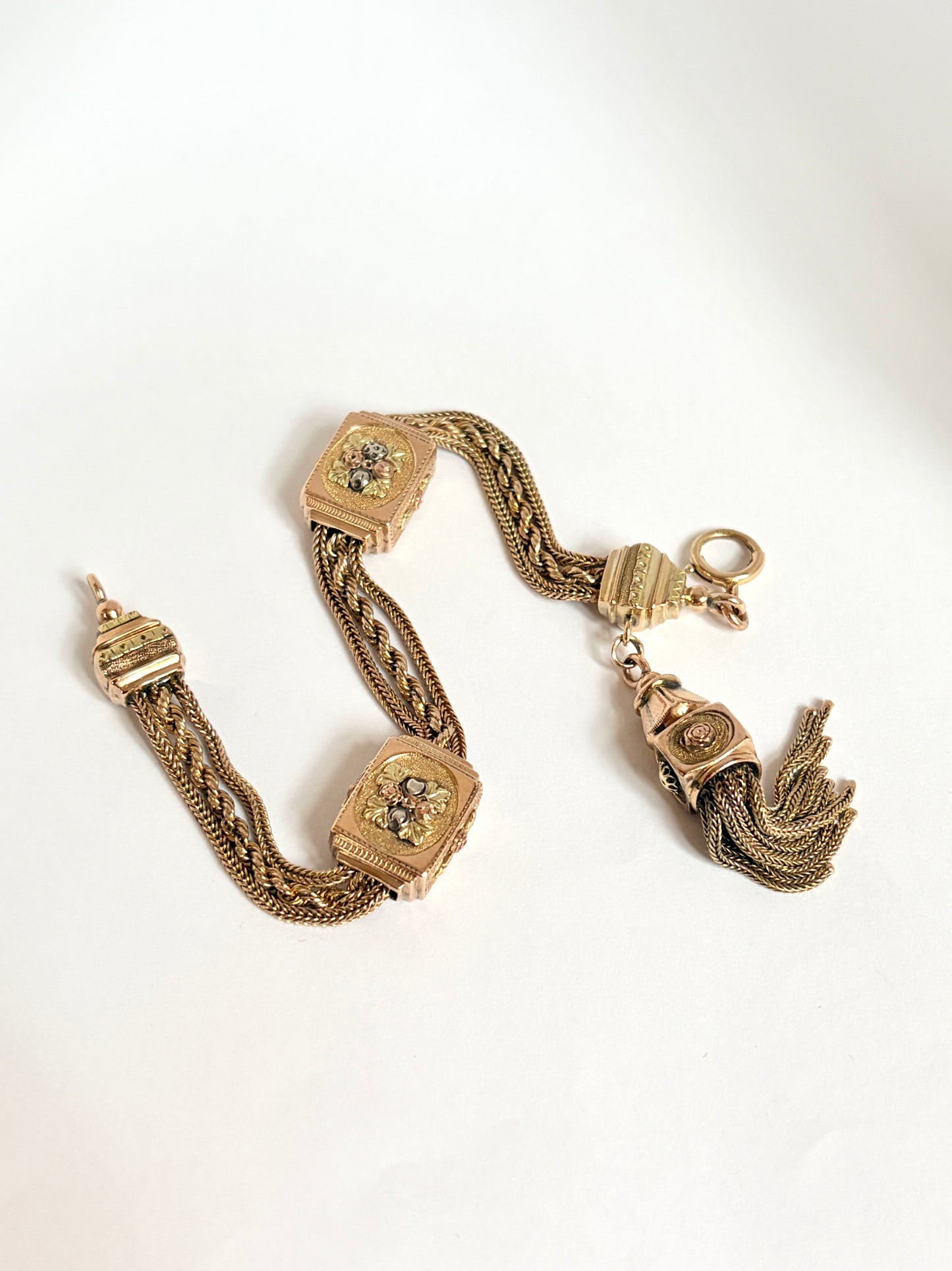 Rare, Unique Antique, 15ct (three tone) Gold Floral Albertina Bracelet (25.20g)