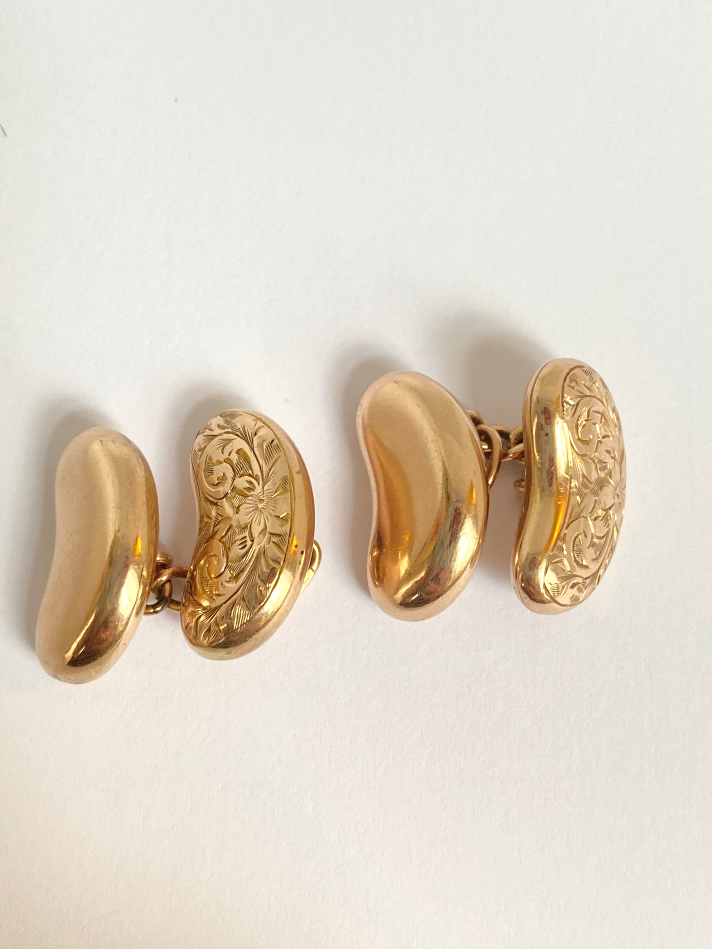 Antique, 9ct Gold Engraved Kidney Bean Cufflinks, Hallmarked, Chester, 1909