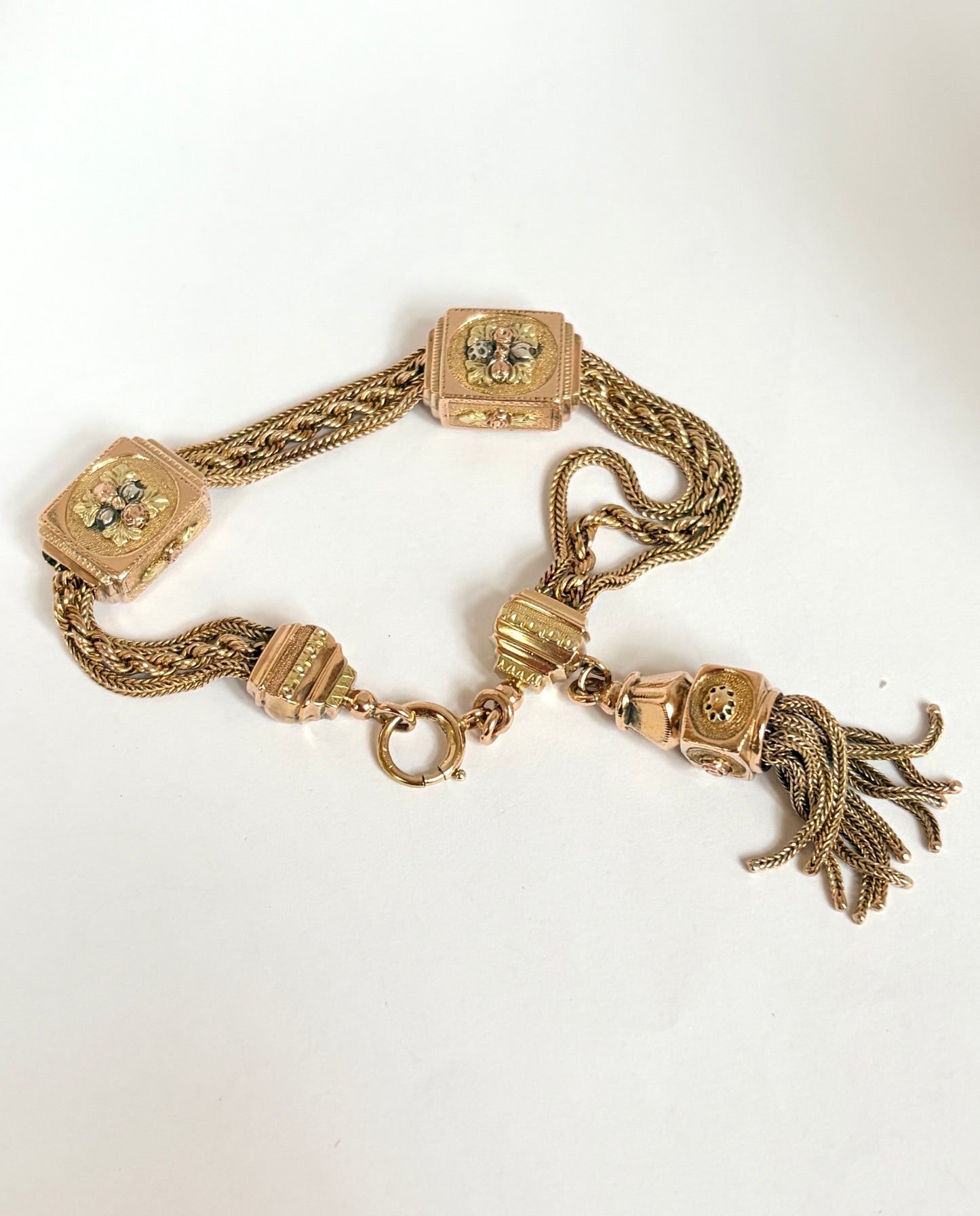 Rare, Unique Antique, 15ct (three tone) Gold Floral Albertina Bracelet (25.20g)