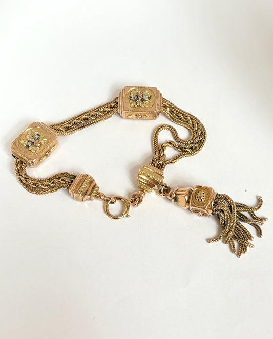 Rare, Unique Antique, 15ct (three tone) Gold Floral Albertina Bracelet (25.20g)