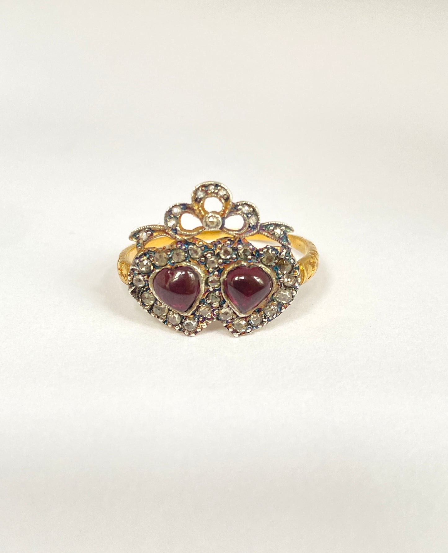 Victorian 15ct Gold, Double Cabochon Garnet Heart Ring with Diamond Bow