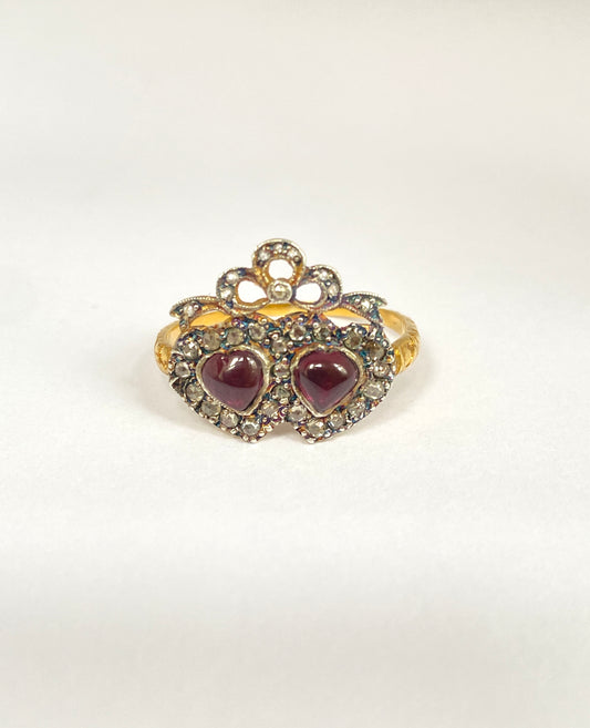 Victorian 15ct Gold, Double Cabochon Garnet Heart Ring with Diamond Bow