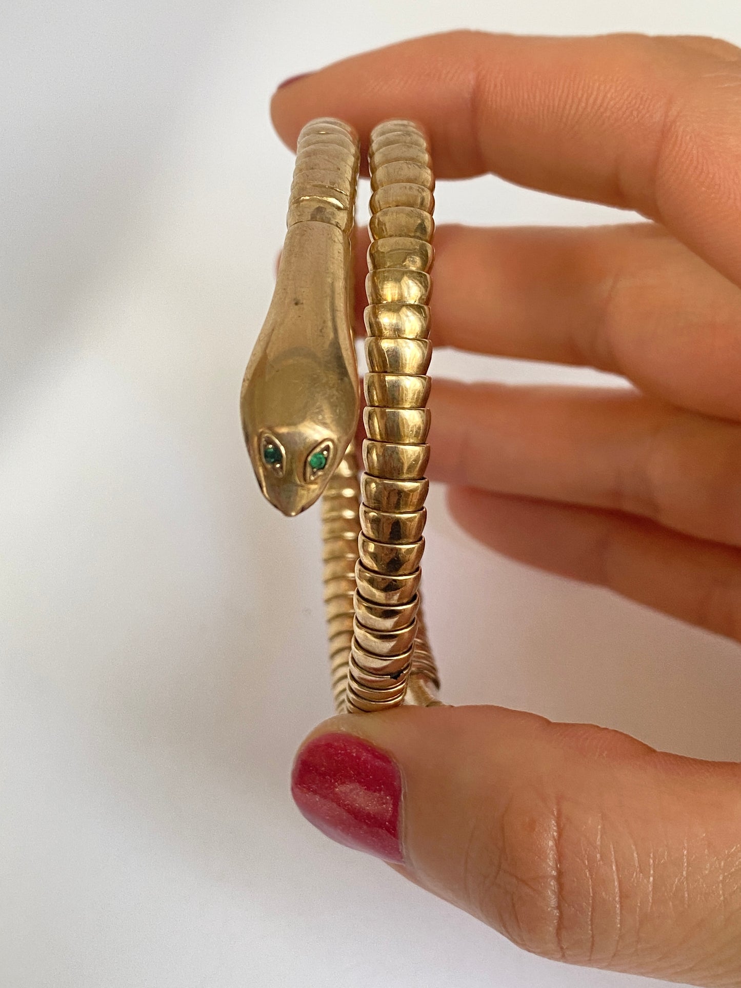 Vintage 9ct Gold Sapphire and Emerald Snake Bangle, 17.63g