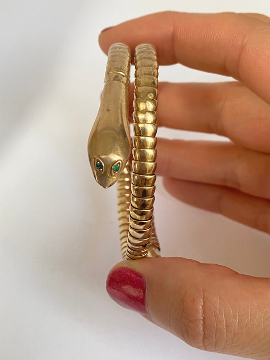 Vintage 9ct Gold Sapphire and Emerald Snake Bangle, 17.63g