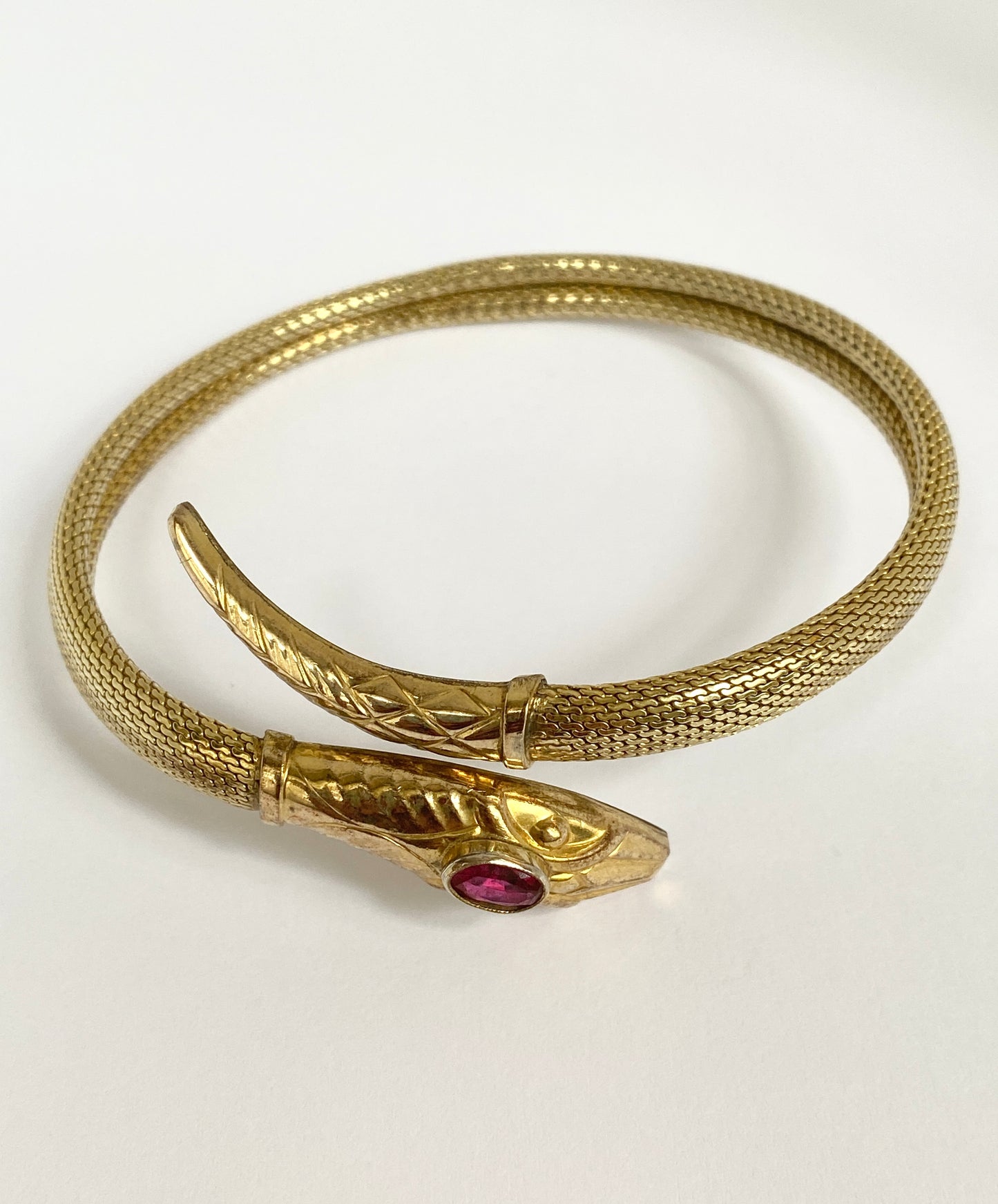 Incredible Art Deco, Extendable Snake Bangle with Ruby Paste, Hallmarked for Rolled Gold.