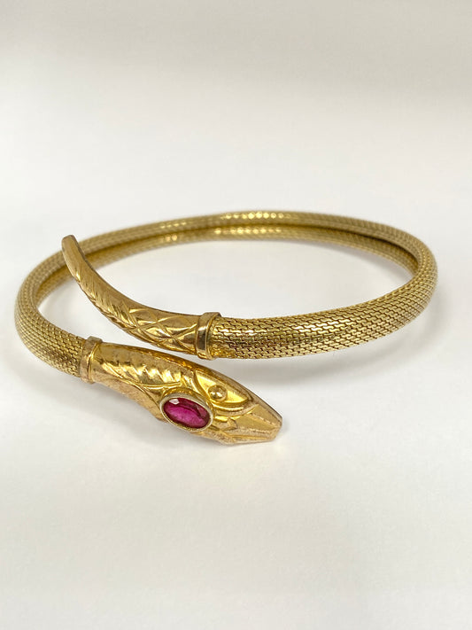 Incredible Art Deco, Extendable Snake Bangle with Ruby Paste, Hallmarked for Rolled Gold.