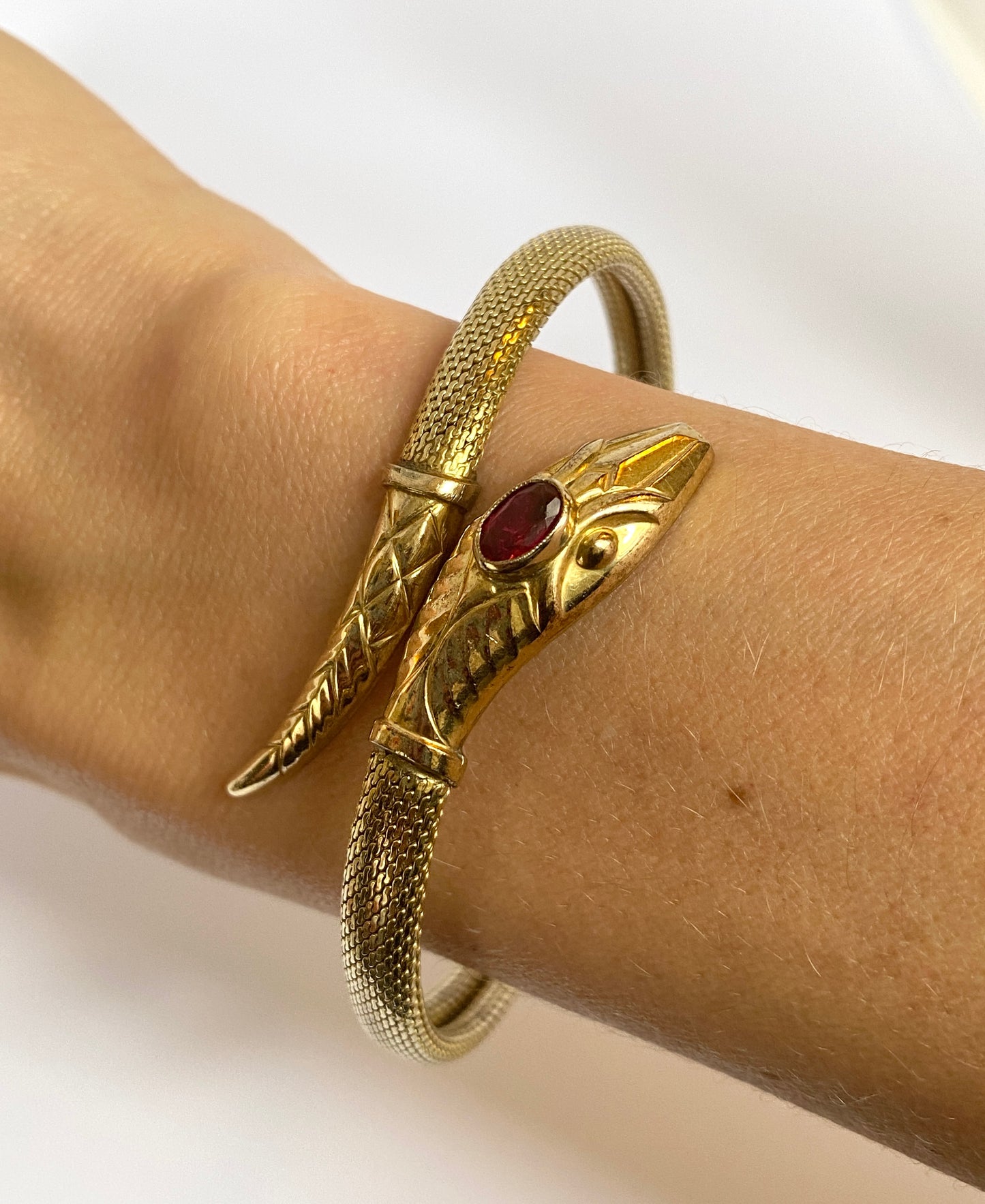 Incredible Art Deco, Extendable Snake Bangle with Ruby Paste, Hallmarked for Rolled Gold.