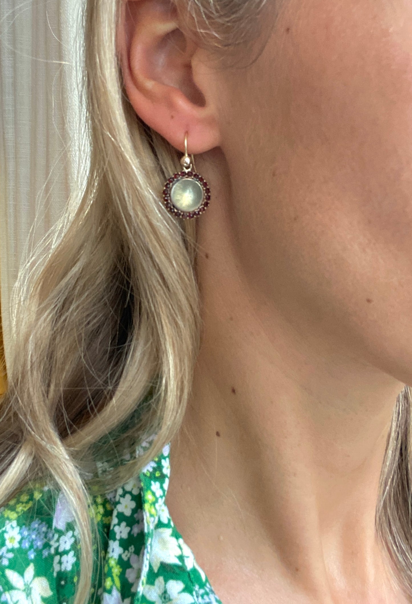 Antique, 9ct Gold Moonstone Garnet cluster  drop earrings