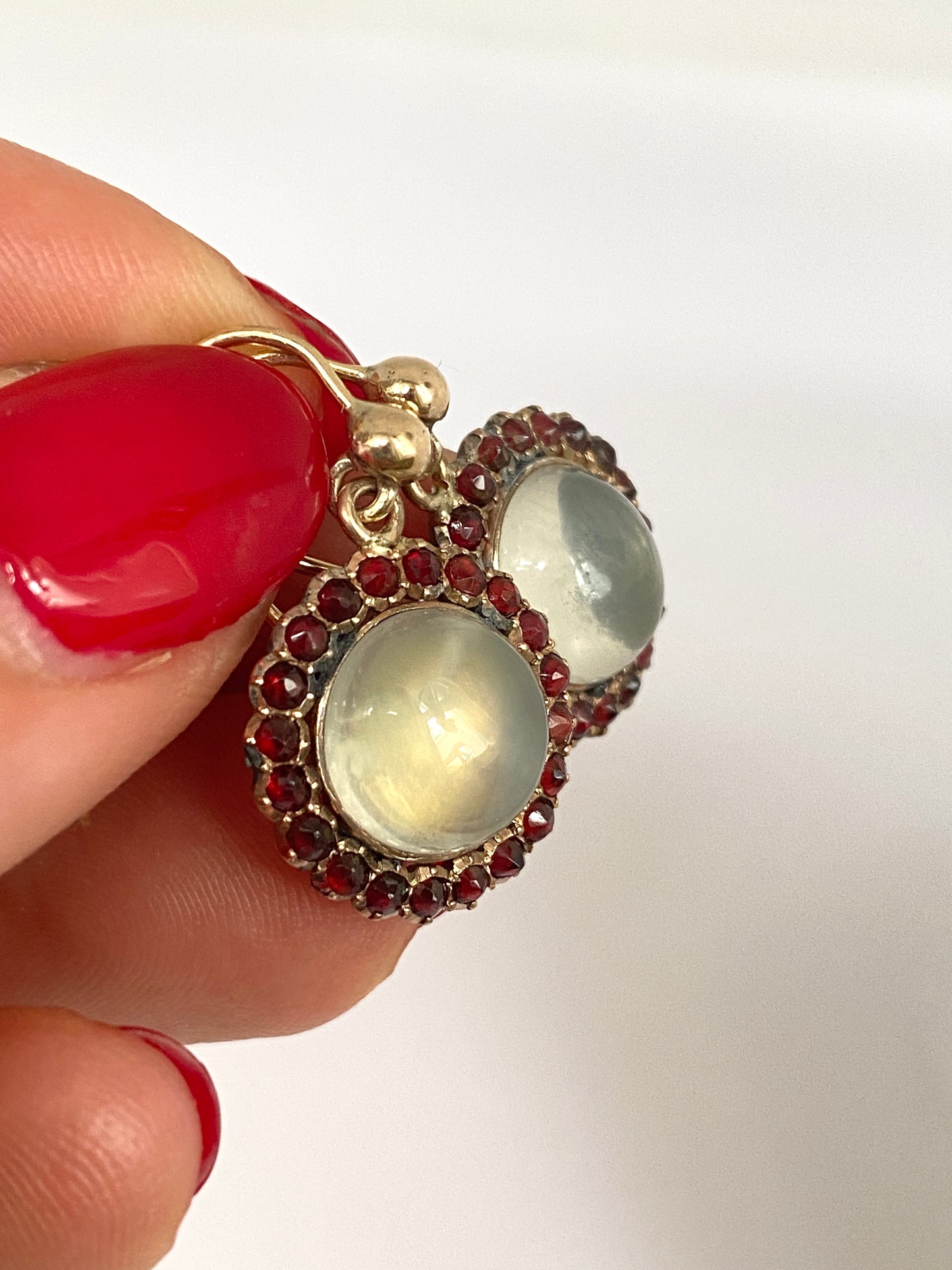 Antique, 9ct Gold Moonstone Garnet cluster  drop earrings