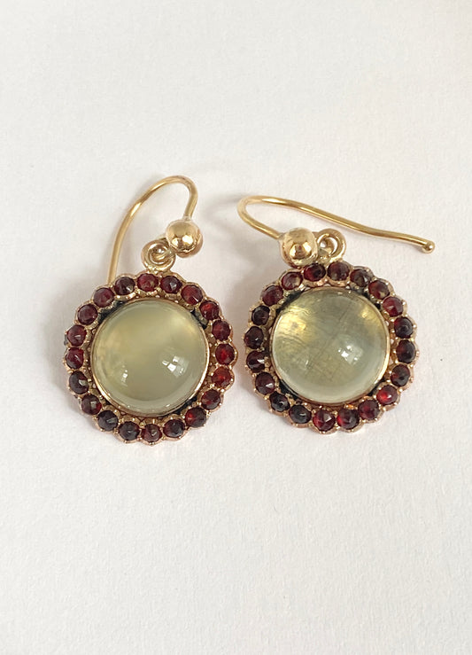Antique, 9ct Gold Moonstone Garnet cluster  drop earrings