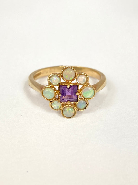 Sweet, Vintage, 9ct Gold, Opal and Amethyst Cluster Ring