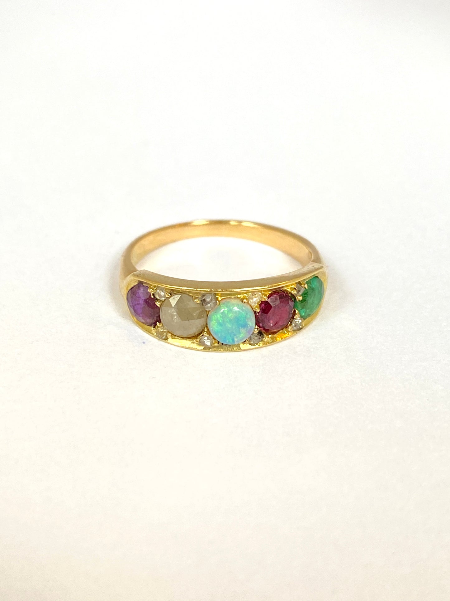 Romantic, 18ct Gold Multi Gem Acrostic, 'ADORE' ring with diamonds