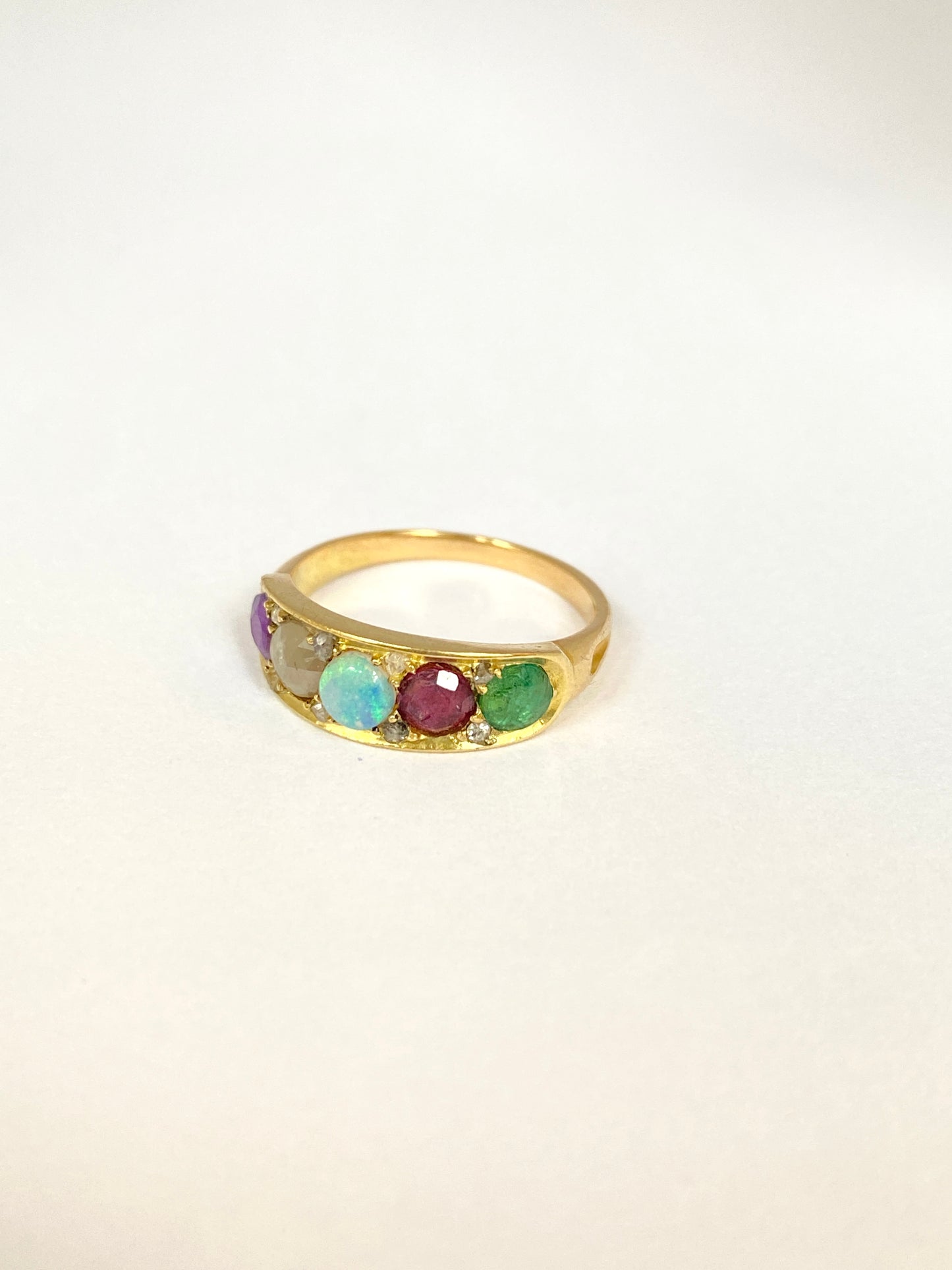 Romantic, 18ct Gold Multi Gem Acrostic, 'ADORE' ring with diamonds