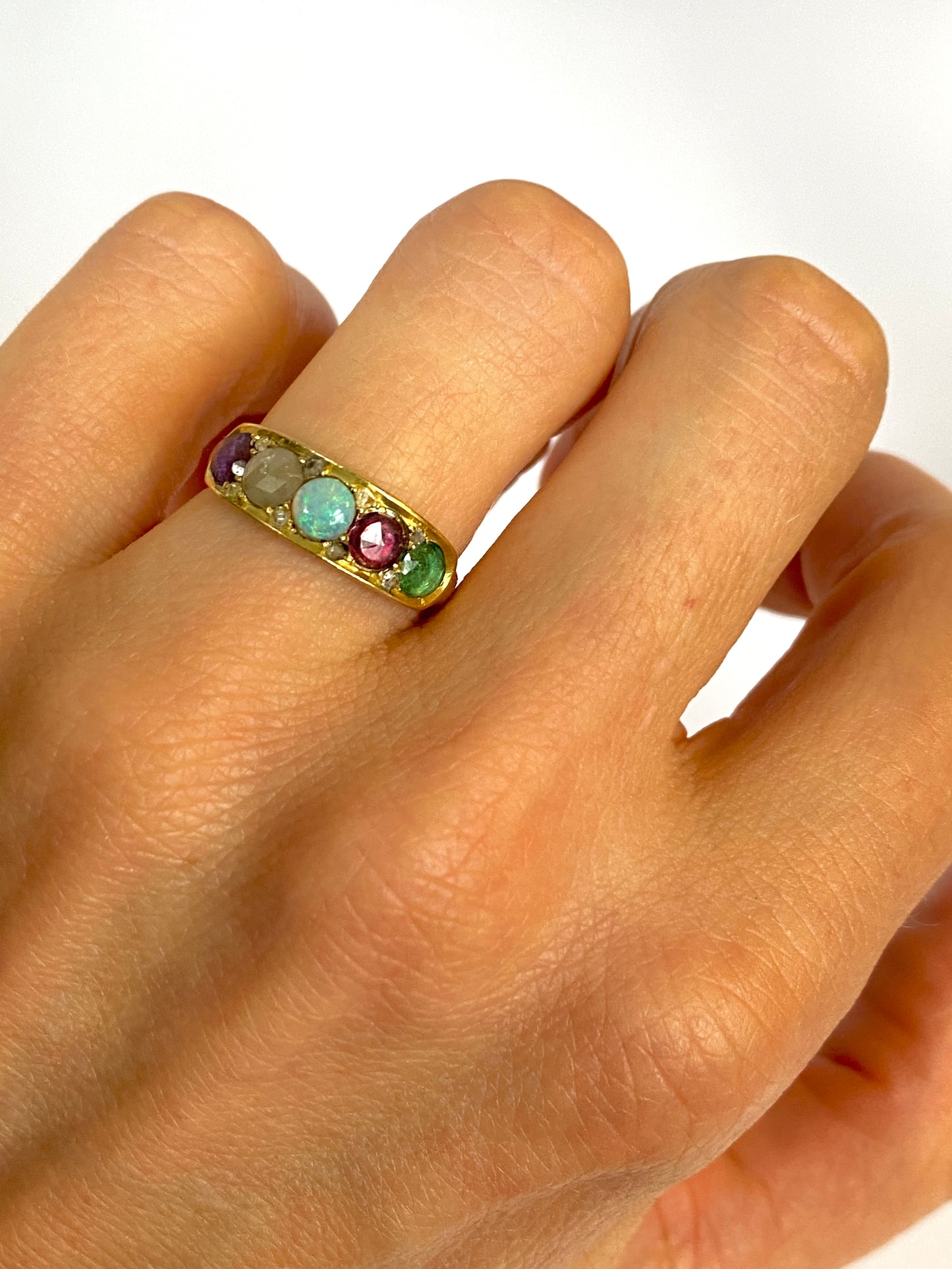 Romantic, 18ct Gold Multi Gem Acrostic, 'ADORE' ring with diamonds