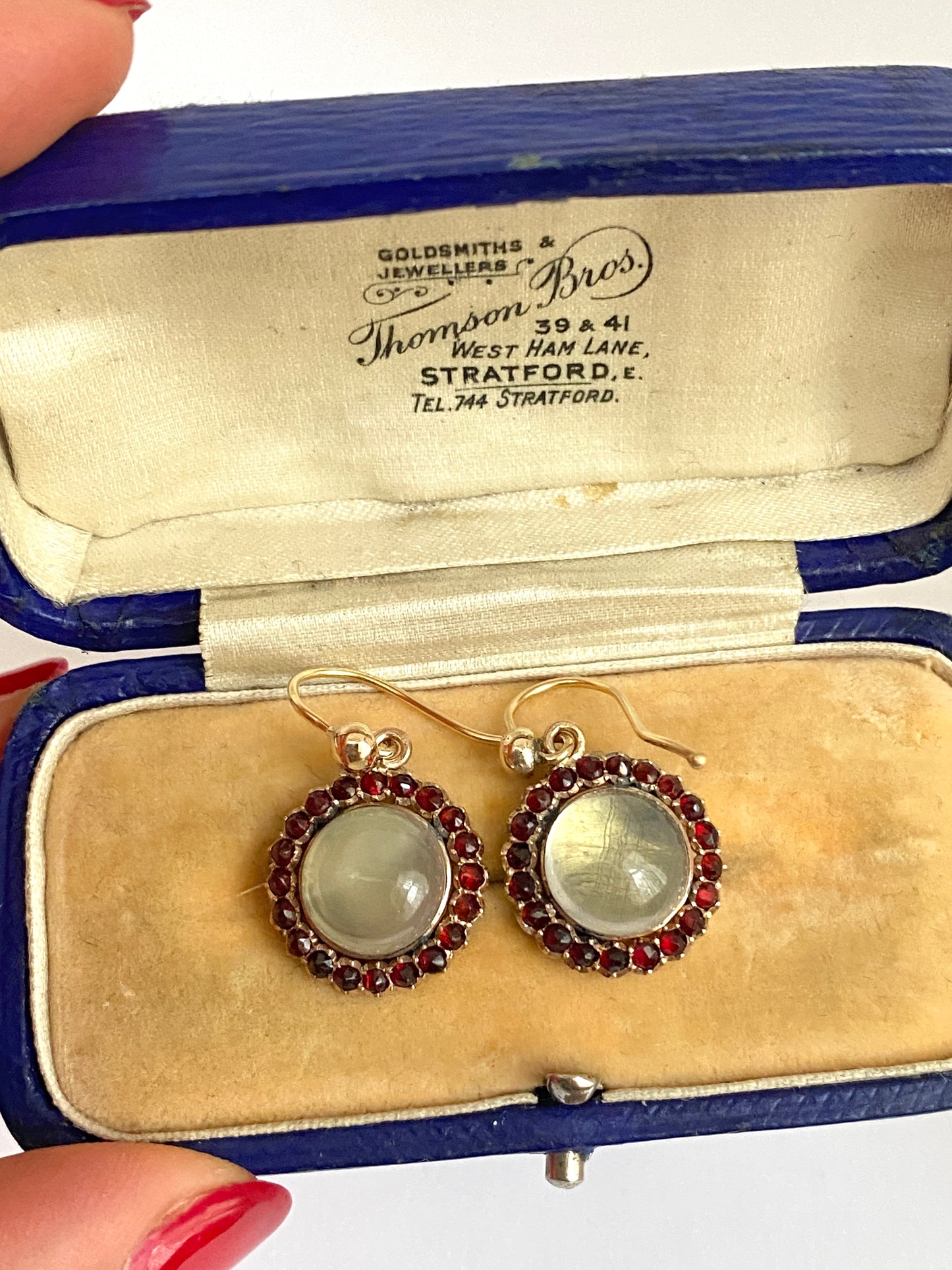 Antique, 9ct Gold Moonstone Garnet cluster  drop earrings