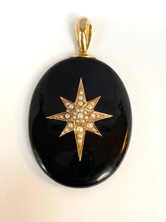 15ct Gold Black Onyx Seed Pearl Celestial Locket back Pendant 23.06g