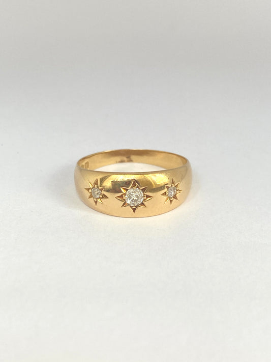 Antique, 18ct Gold, Old Cut Diamond, 3 Star, Gypsy Ring, Hallmarked Birmingham, 1905