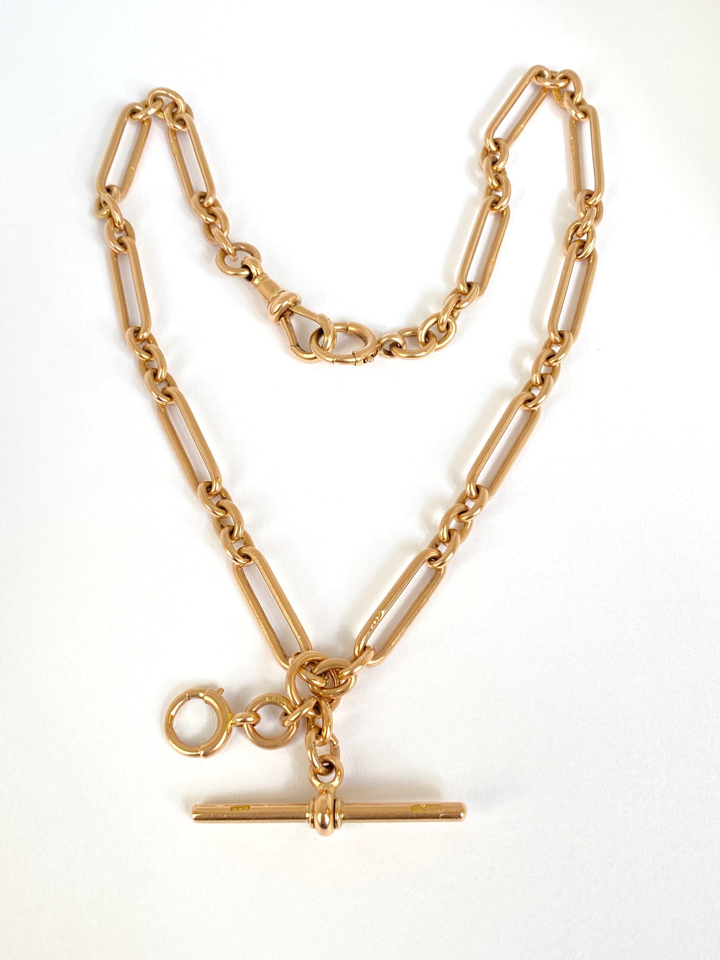 Rare, Hallmarked, Antique 15 inch, 15ct Gold Trombone Link Chain with T bar, Bolt Ring and Dog Clip