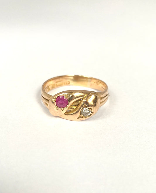 Antique, Victorian 15ct Gold, Double Diamond and Ruby Snake Ring, Hallmarked 15ct Gold