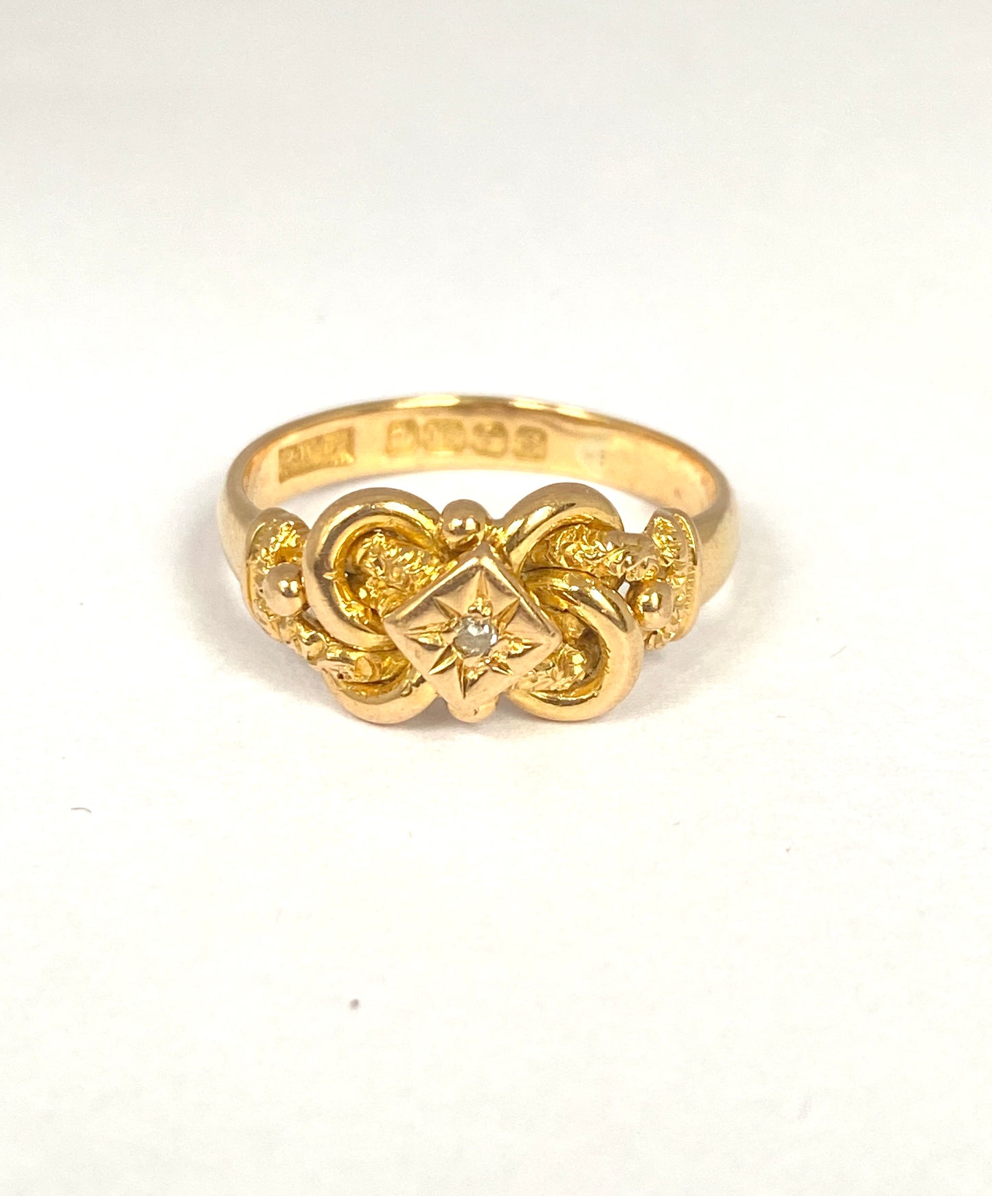 Antique, 18ct Gold Lovers Knot Ring featuring an Old Cut Diamond, Hallmarked 18ct Gold, Birmingham and 1917