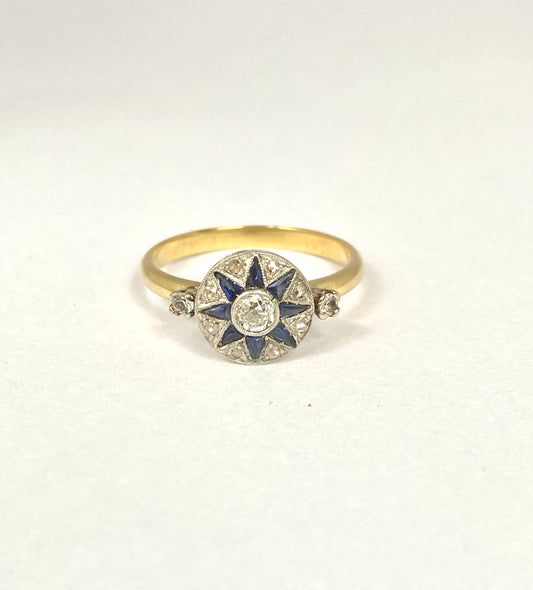 Reserved: Exceptional Antique, Art Deco, 18ct Gold and Platinum, Sapphire and Old Cut Diamond Star Ring