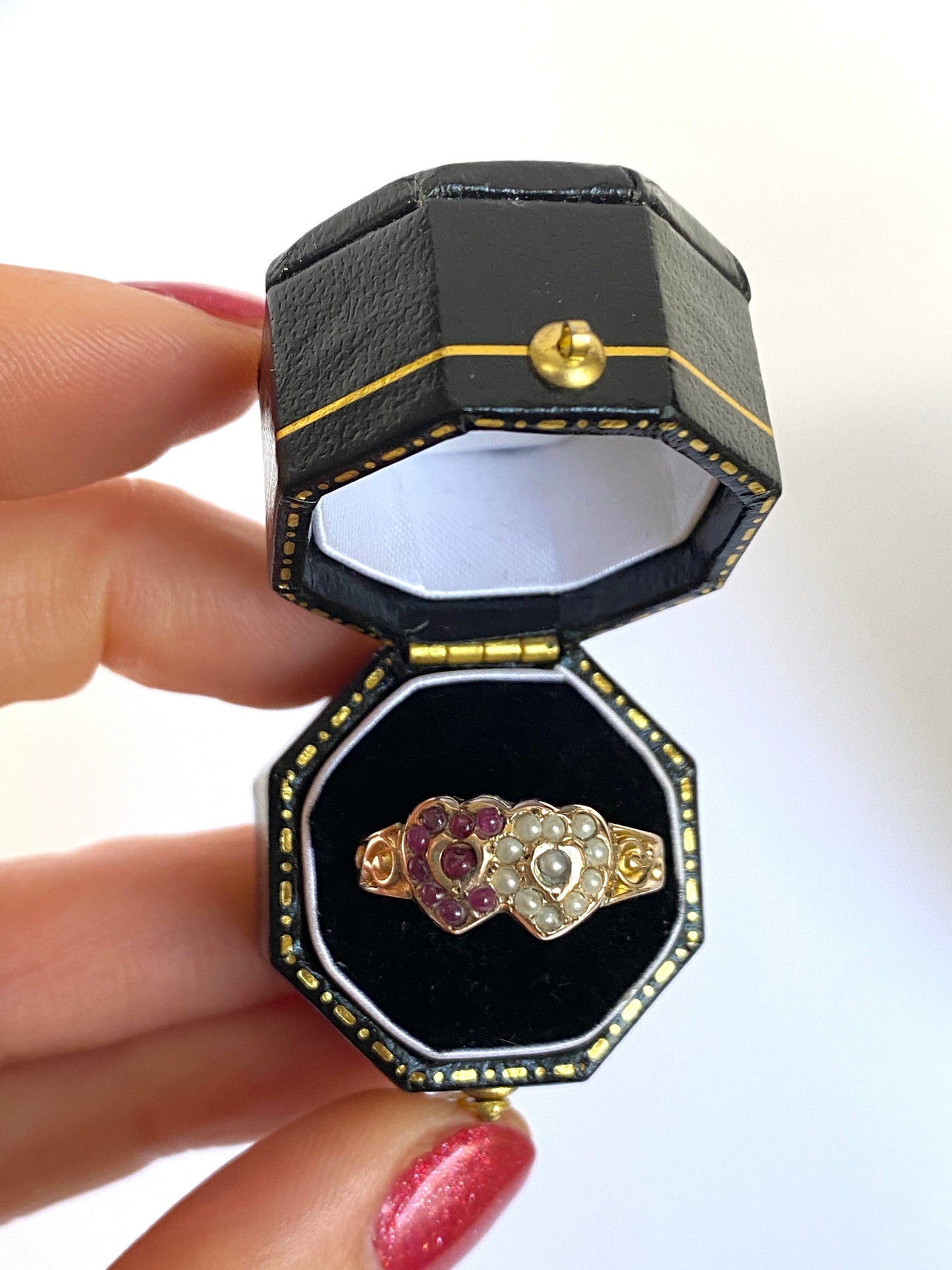 Edwardian 18ct Gold Ruby and Pearl Double Heart Ring