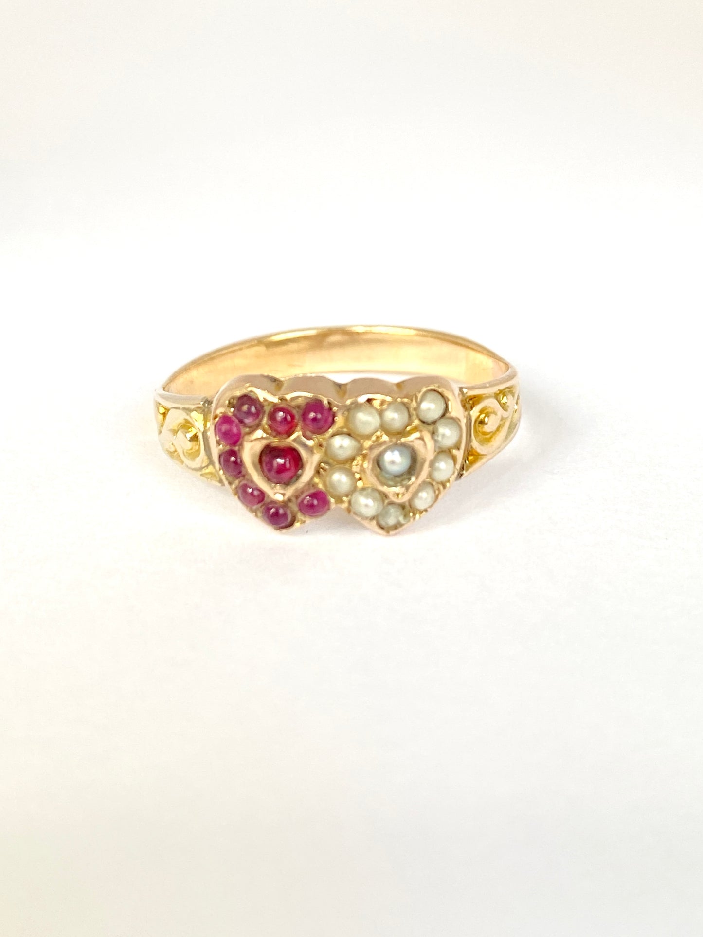 Edwardian 18ct Gold Ruby and Pearl Double Heart Ring