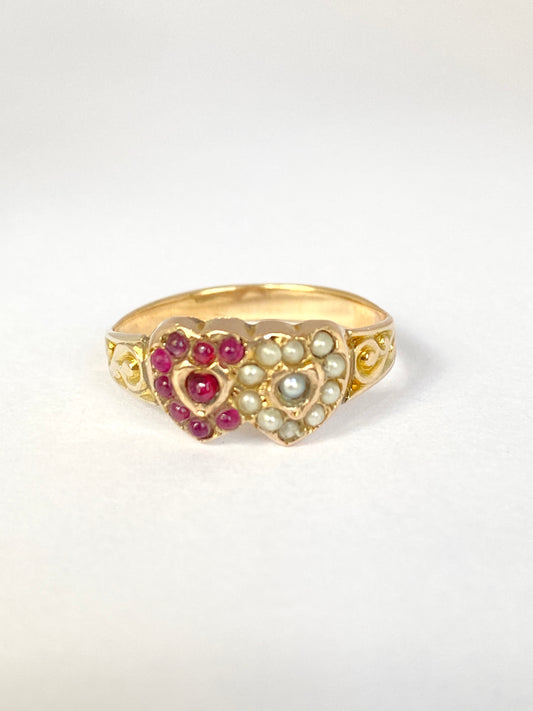 Edwardian 18ct Gold Ruby and Pearl Double Heart Ring