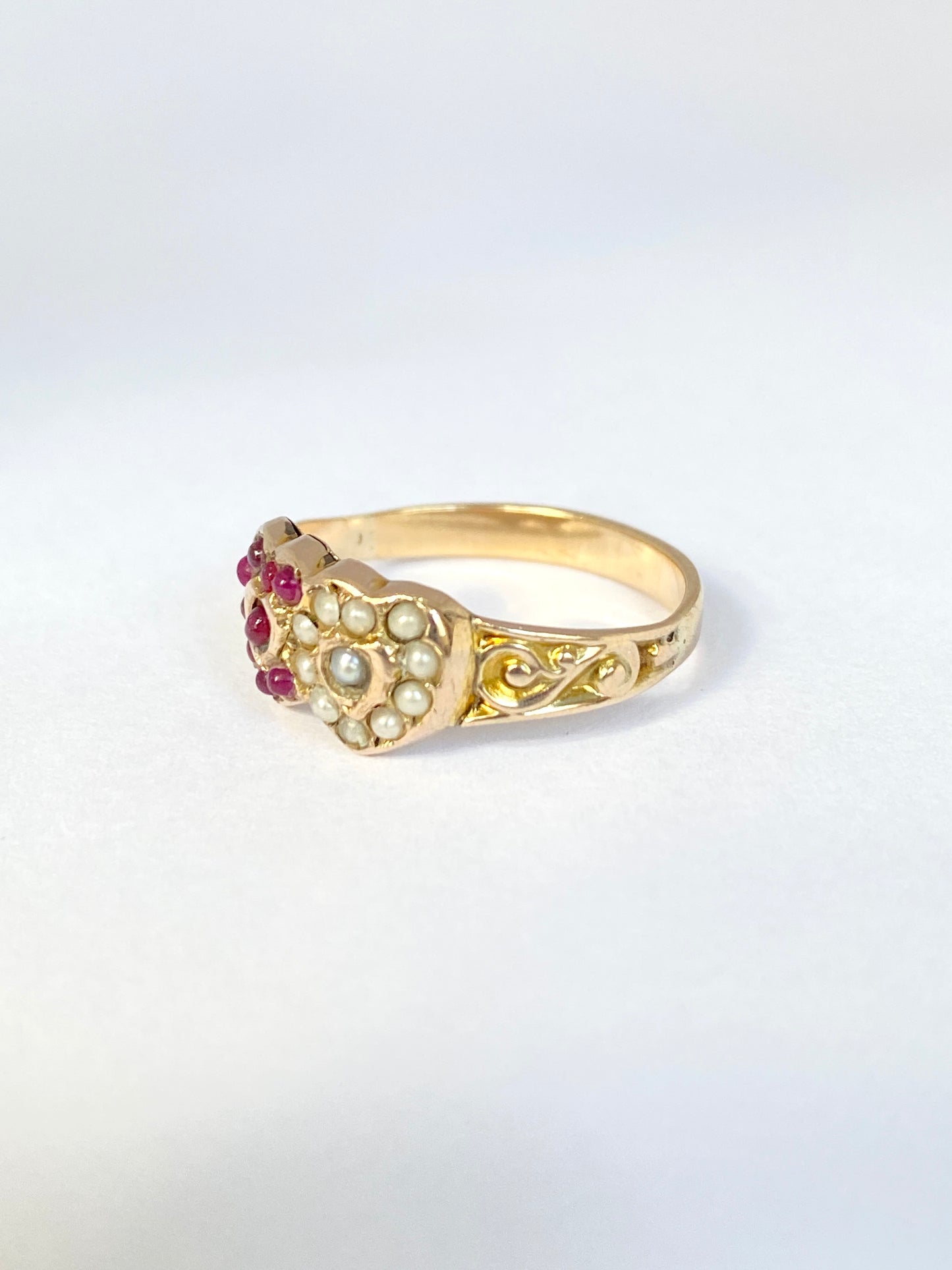 Edwardian 18ct Gold Ruby and Pearl Double Heart Ring
