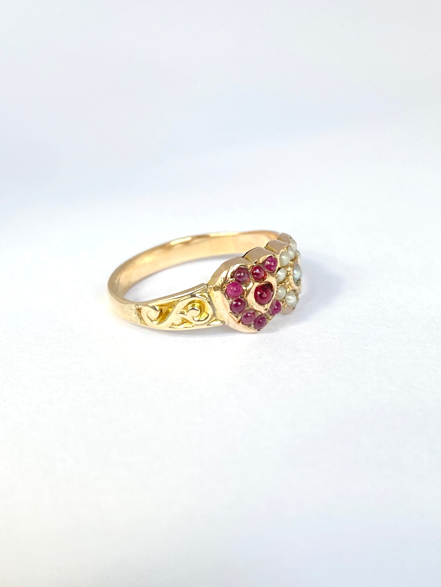 Edwardian 18ct Gold Ruby and Pearl Double Heart Ring