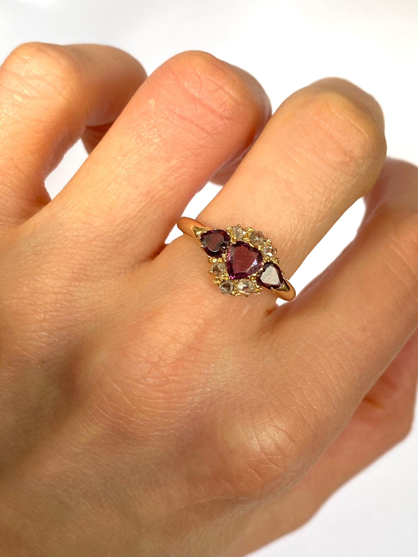 Vintage, 18ct Gold, rose cut Diamond and Rhodalite Garnet 'Hearts' Ring
