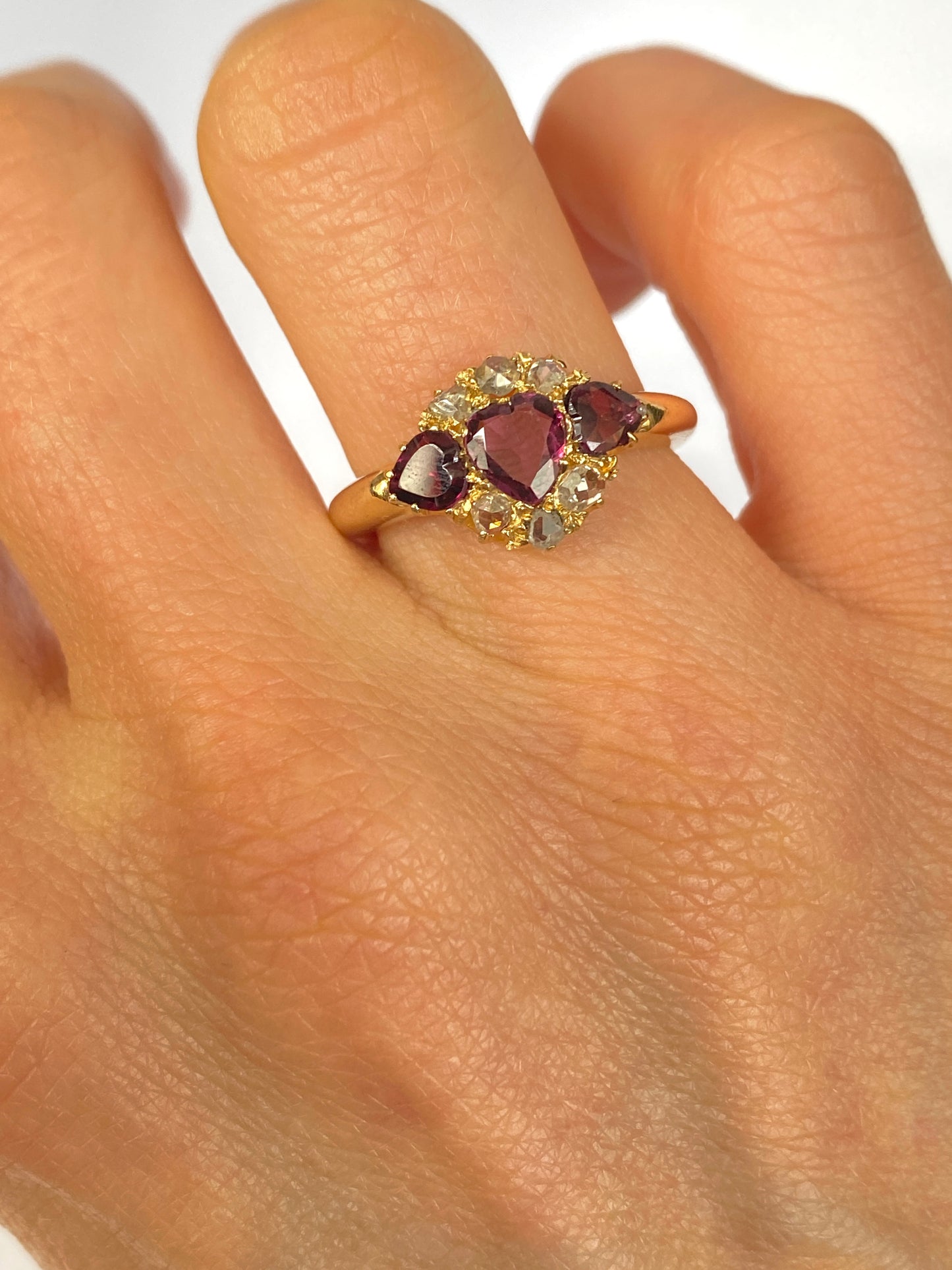 Vintage, 18ct Gold, rose cut Diamond and Rhodalite Garnet 'Hearts' Ring
