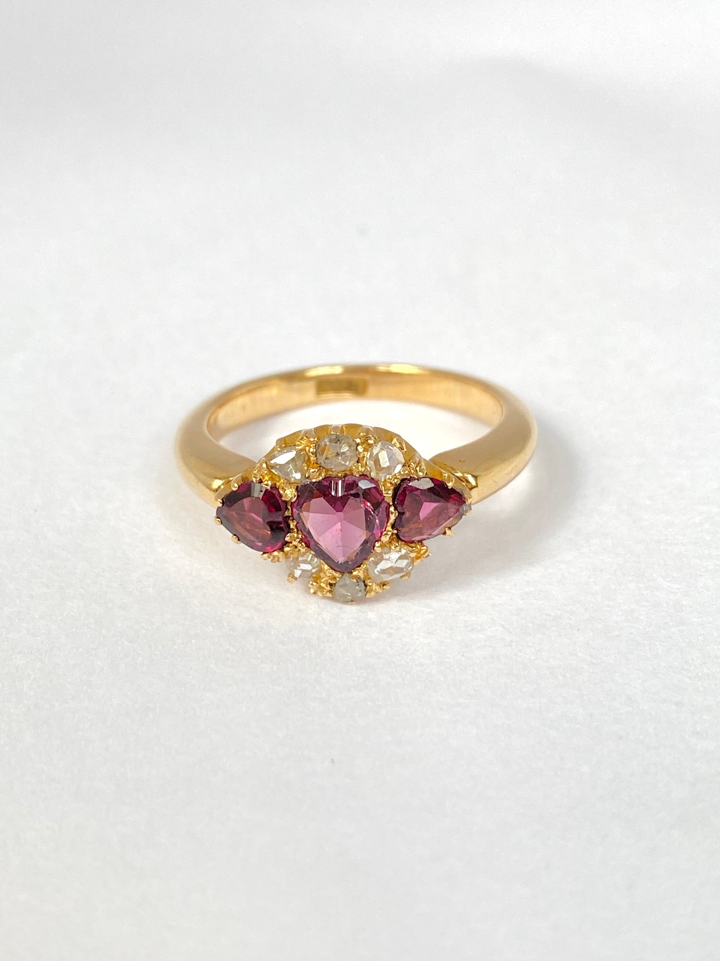 Vintage, 18ct Gold, rose cut Diamond and Rhodalite Garnet 'Hearts' Ring