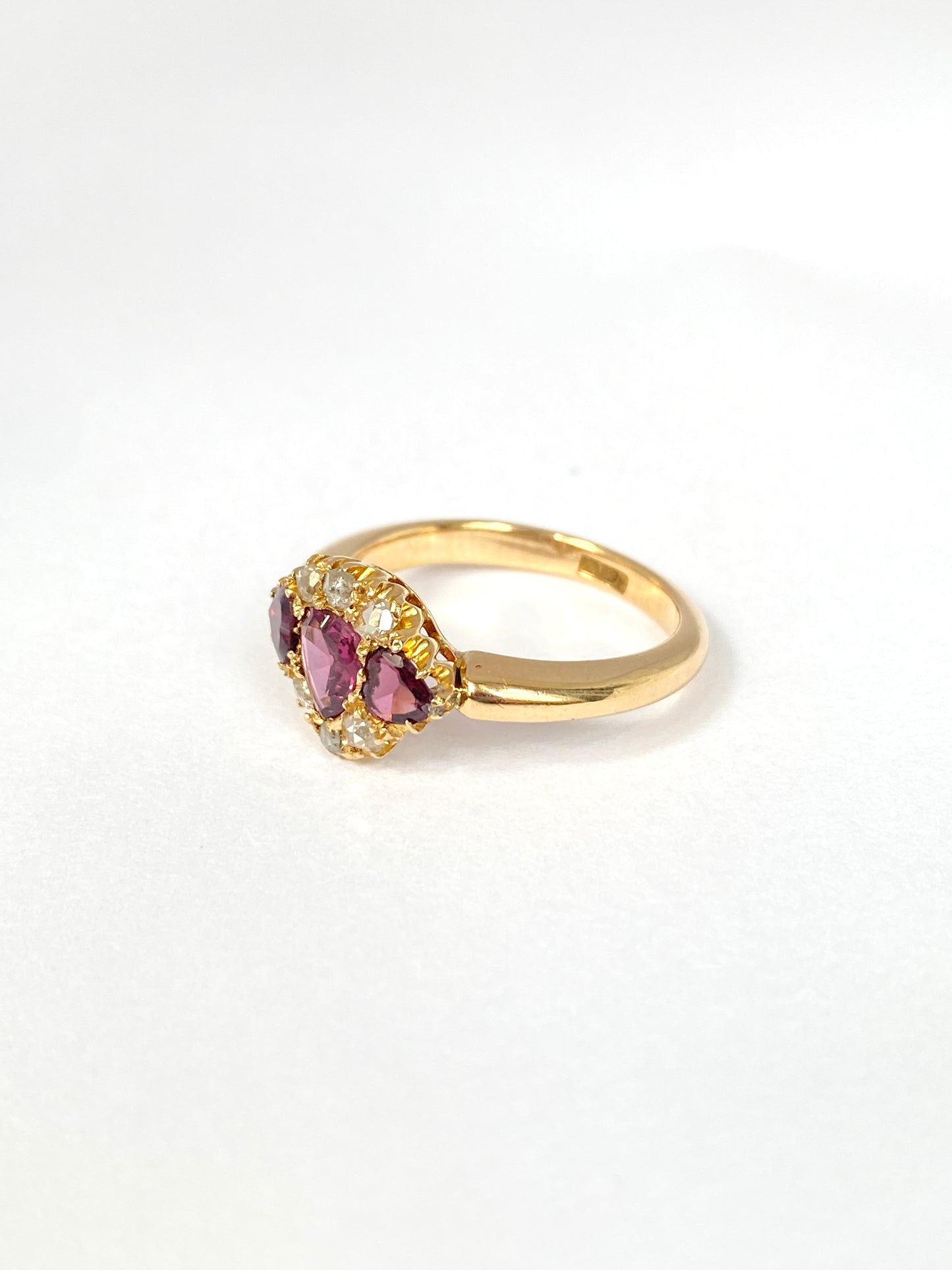 Vintage, 18ct Gold, rose cut Diamond and Rhodalite Garnet 'Hearts' Ring