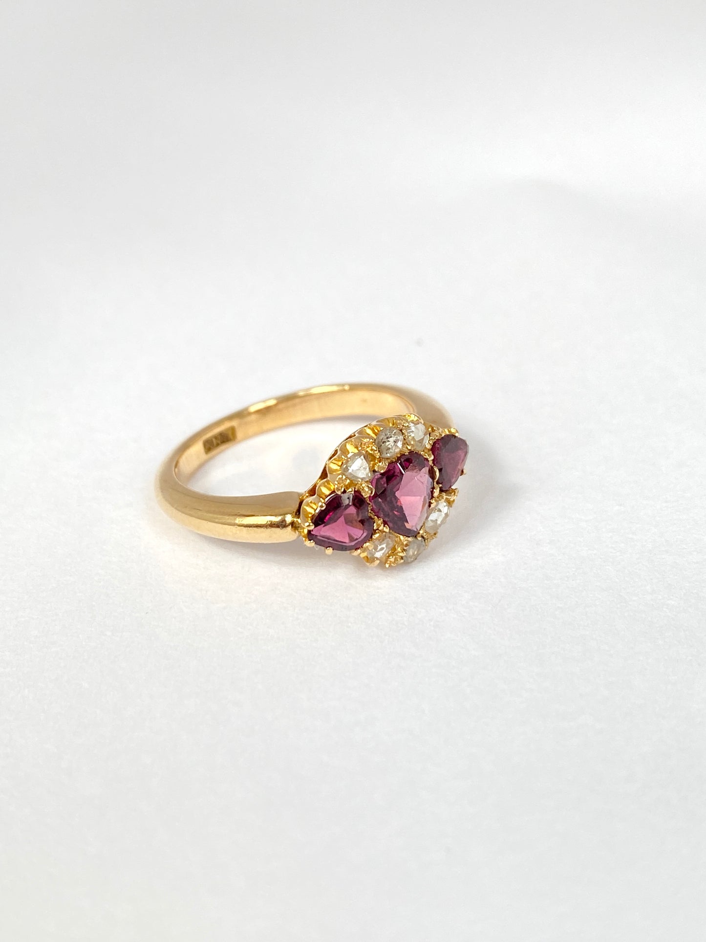 Vintage, 18ct Gold, rose cut Diamond and Rhodalite Garnet 'Hearts' Ring