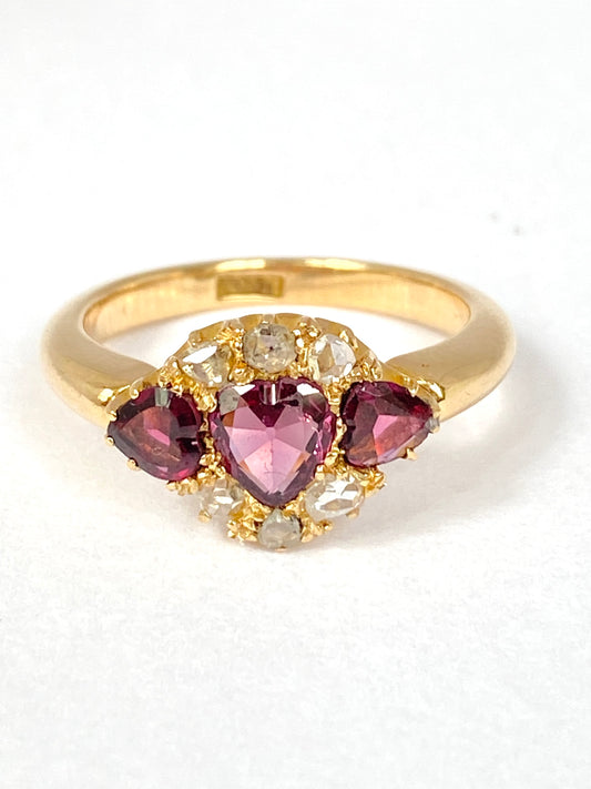Vintage, 18ct Gold, rose cut Diamond and Rhodalite Garnet 'Hearts' Ring