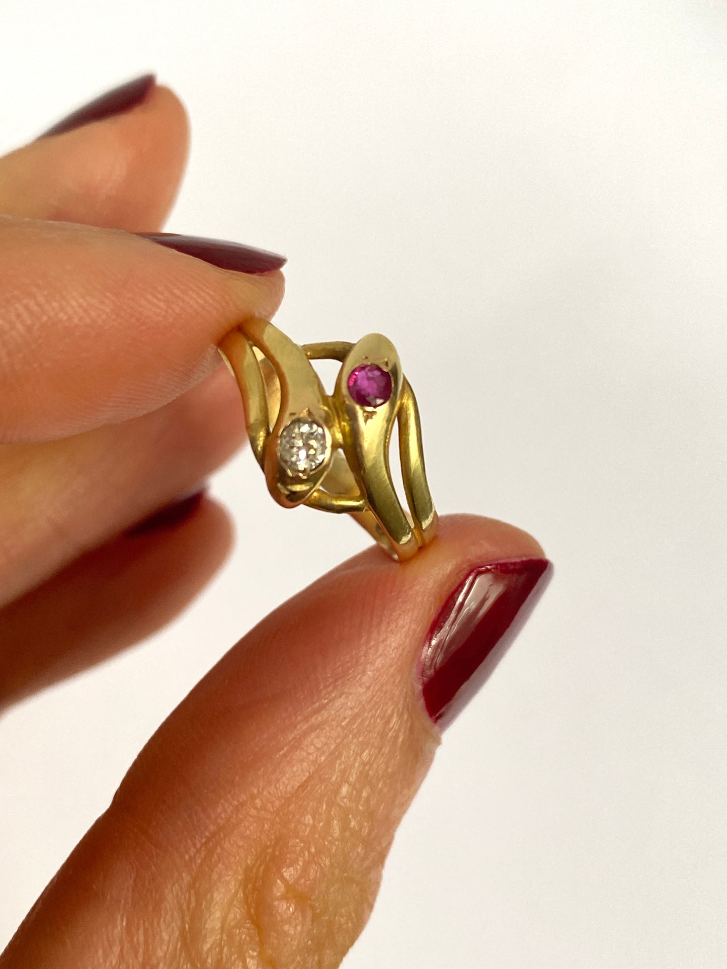 Vintage, Art Deco 15ct Gold, Diamond and Ruby Snake Ring