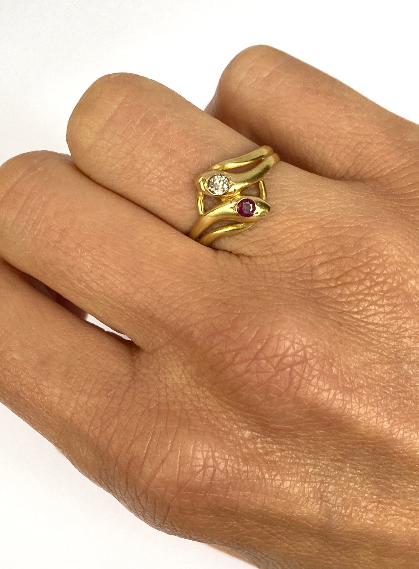 Vintage, Art Deco 15ct Gold, Diamond and Ruby Snake Ring