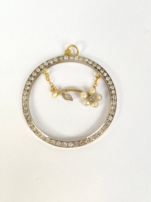 18 White Gold and Platinum, Art Deco, Diamond and Pearl Circular Pendant