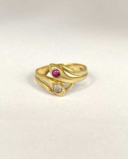 Vintage, Art Deco 15ct Gold, Diamond and Ruby Snake Ring