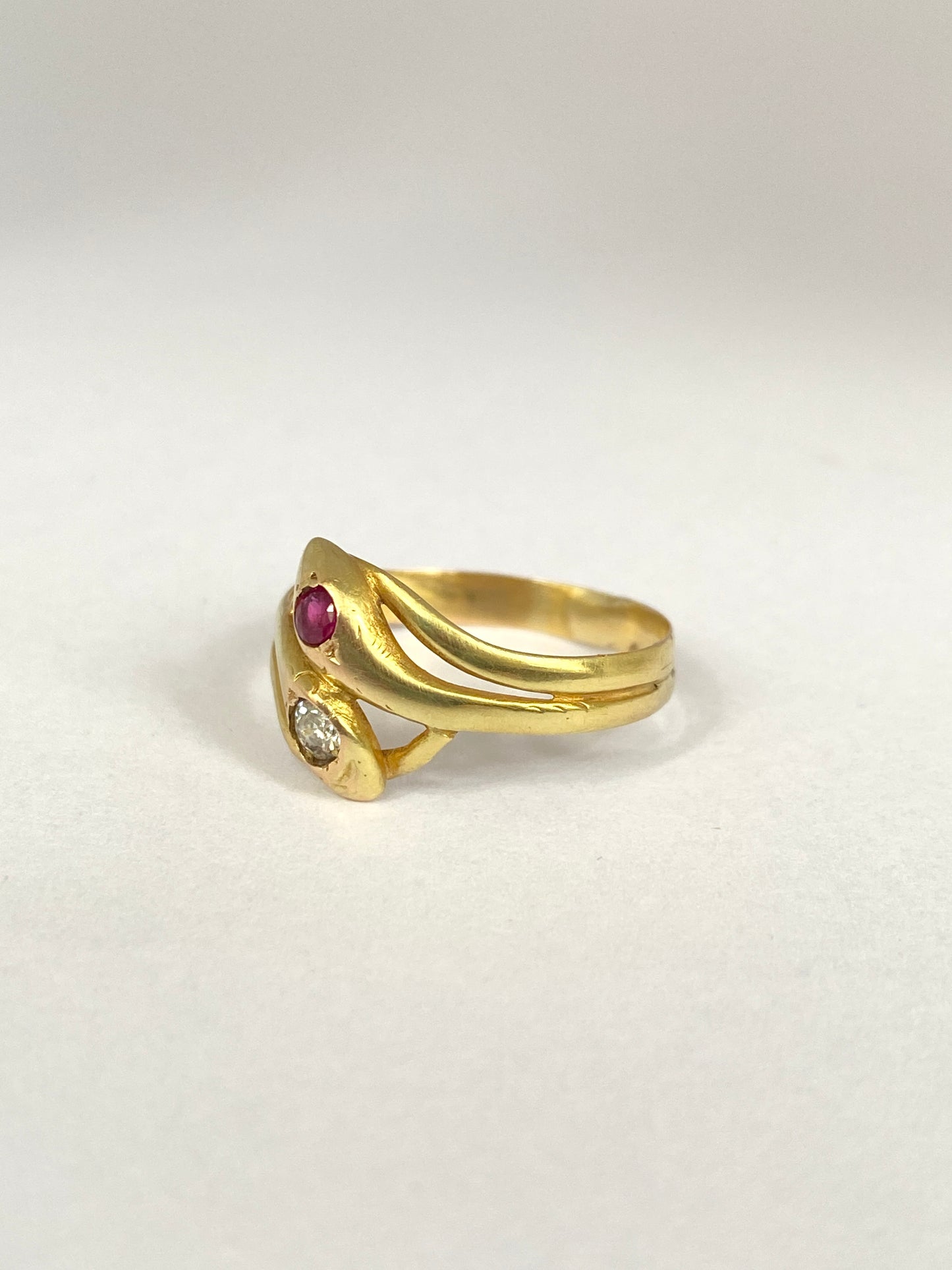 Vintage, Art Deco 15ct Gold, Diamond and Ruby Snake Ring