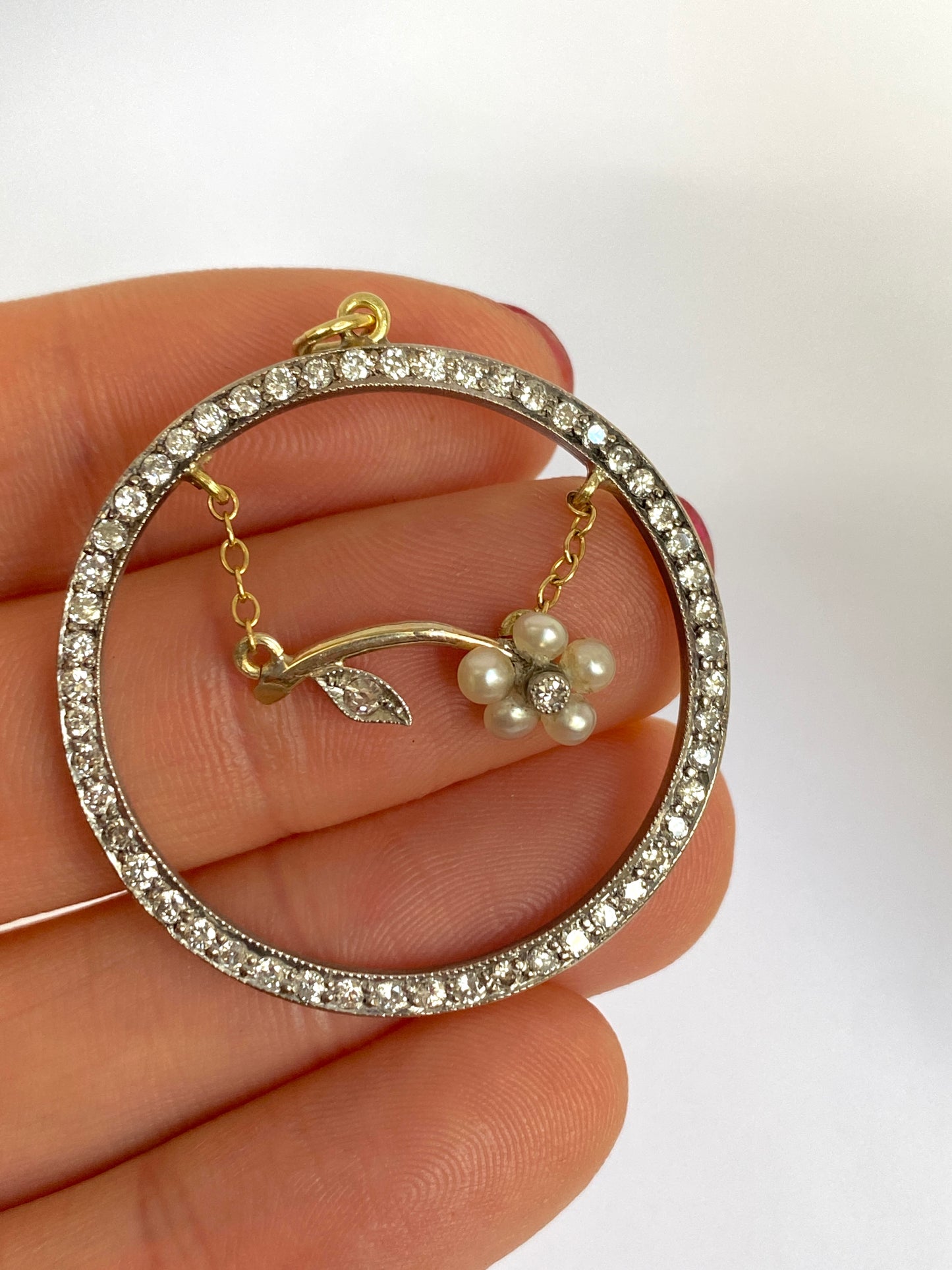 18 White Gold and Platinum, Art Deco, Diamond and Pearl Circular Pendant