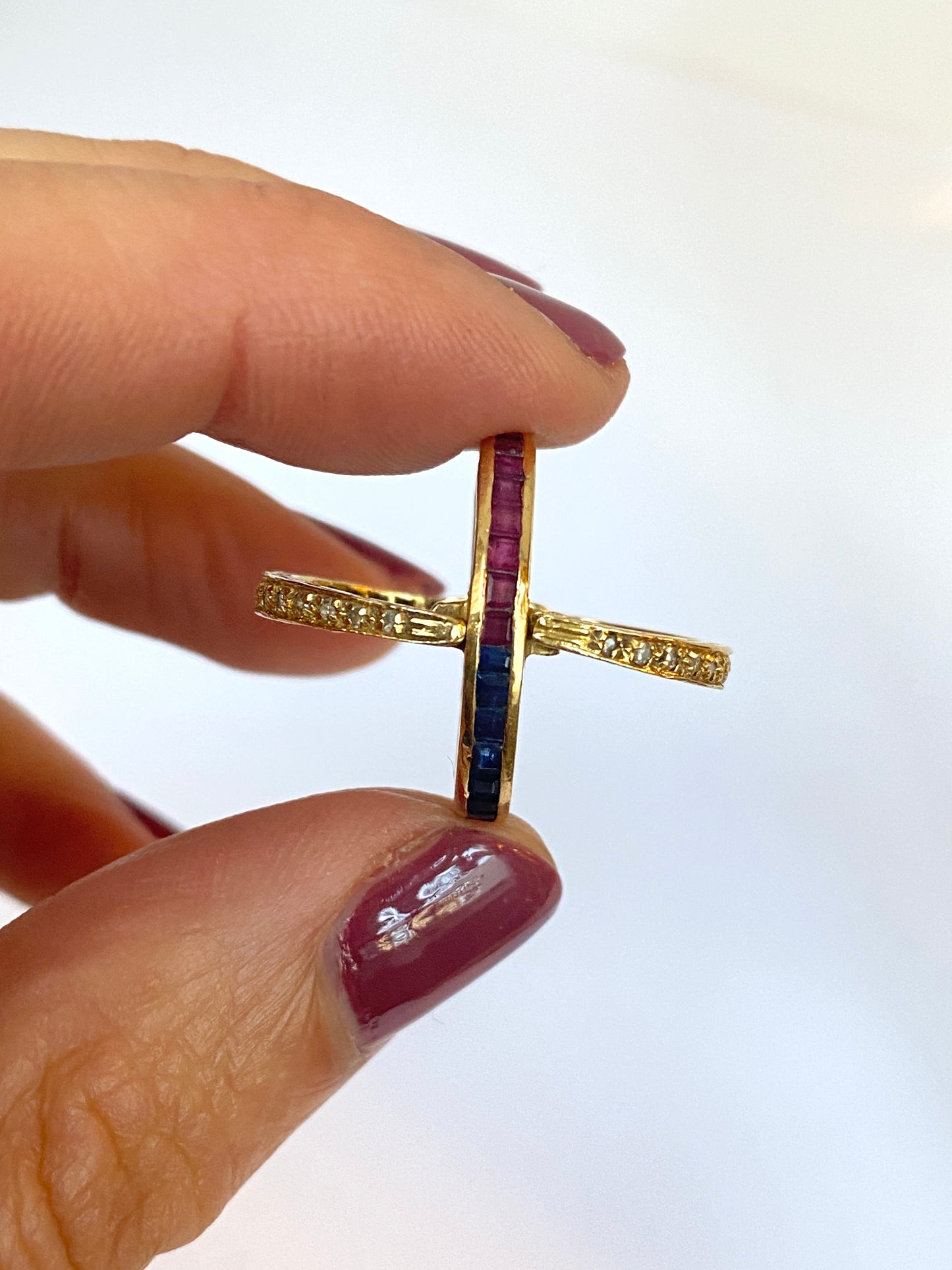 Vintage, Art Deco, 1940s, 18ct Gold Ruby, Sapphire and Diamond Night and Day Ring, 6.07g