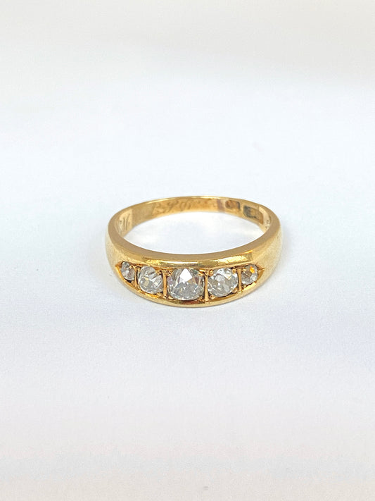 Antique, 18ct Gold, 5 stone Old Mine Cut Diamond Ring, 1888