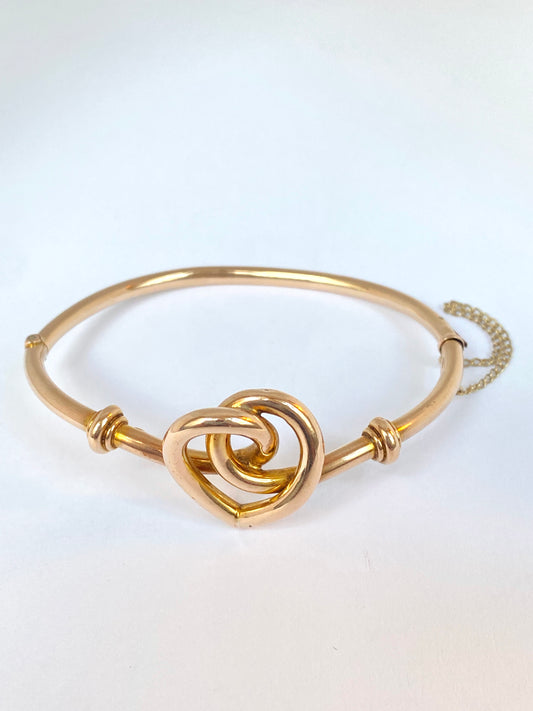 Antique, 9ct Gold Bangle with Lovers knot/heart. 8.17g